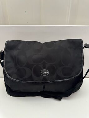 Coach Black Signature Nylon Messenger Bag with Logo Applique